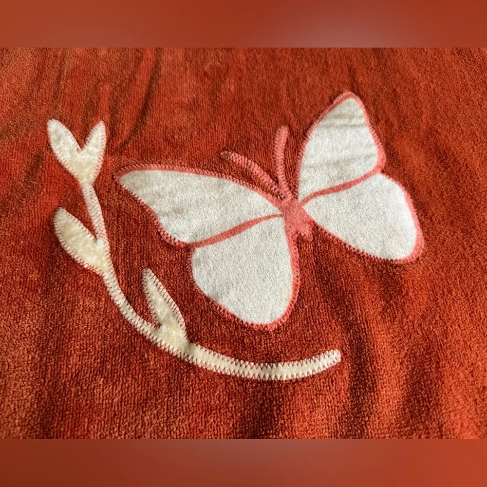 Vintage Orange Bath Towel with Cream Butterfly
